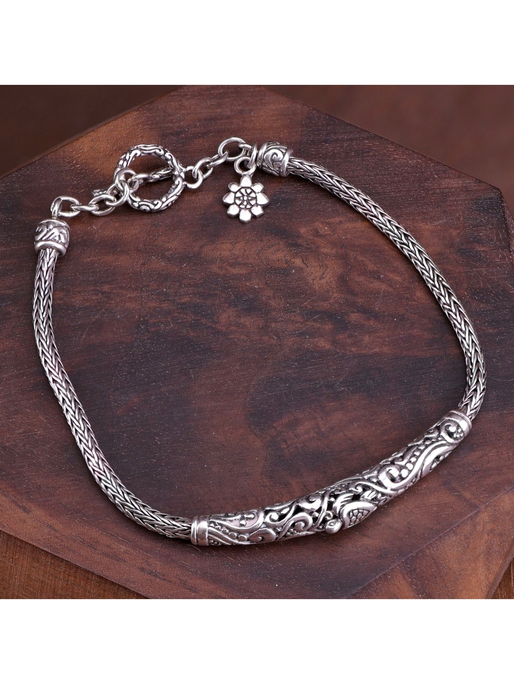 ATI Annika Witt 925 Sterling Silver Floral Bar Spiga Wheat Link Bracelet 9.9g